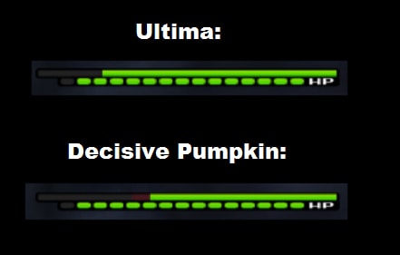 A picture showing that Decisive Pumpkin does more damage in one combo to roxas than ultima does